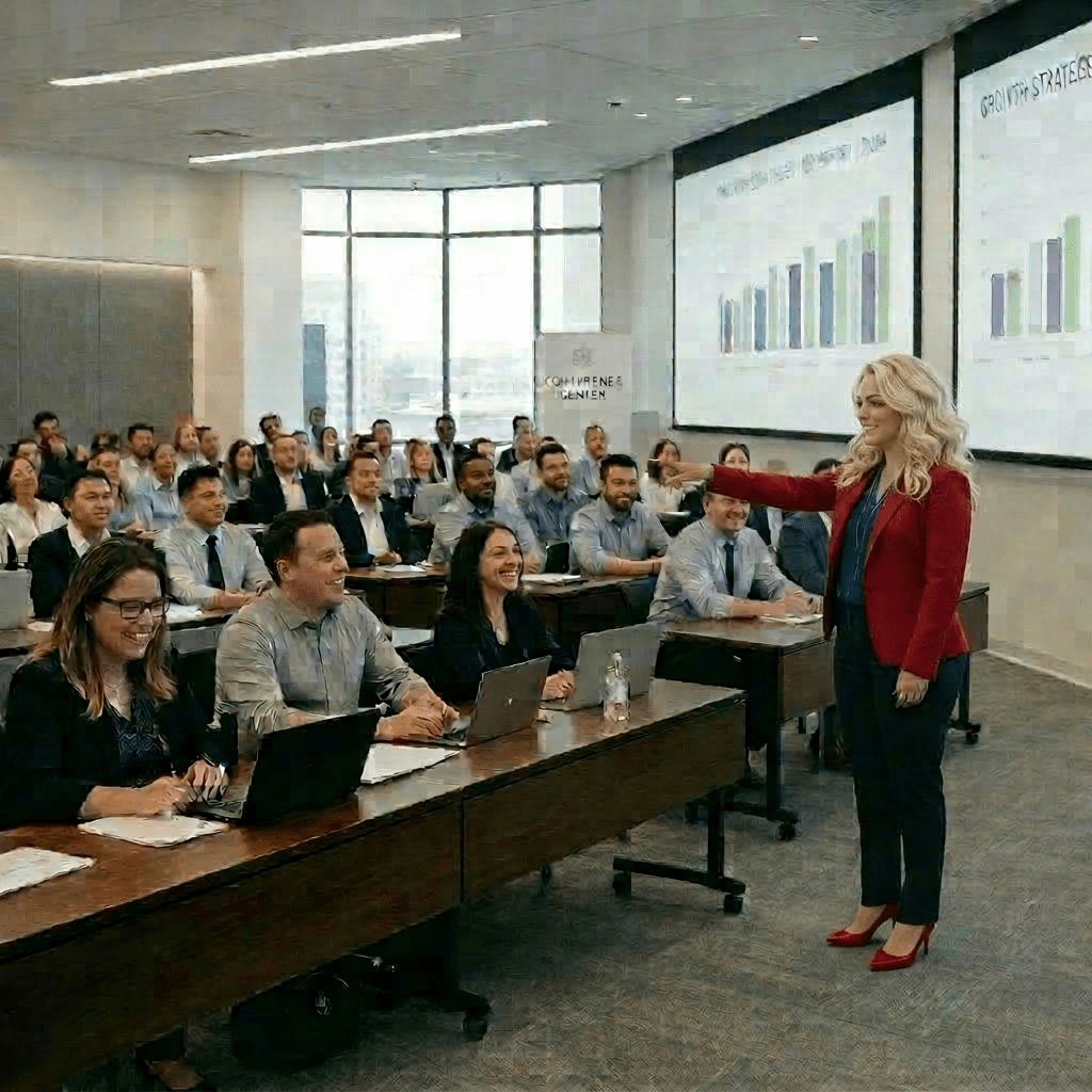 Businesswoman giving presentation on growth strategies to engaged audience in a conference room
