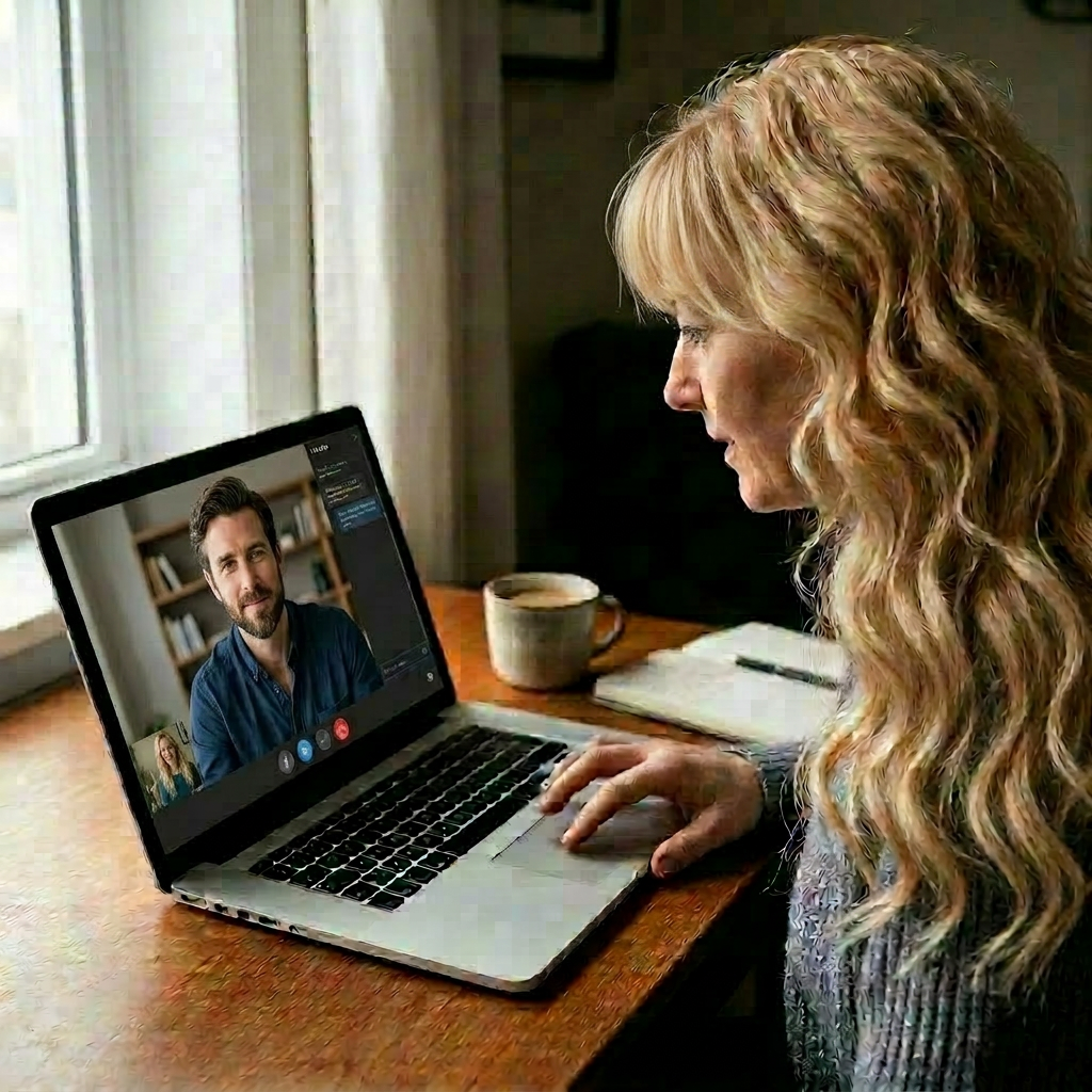 Add bangs to blonde woman on laptop