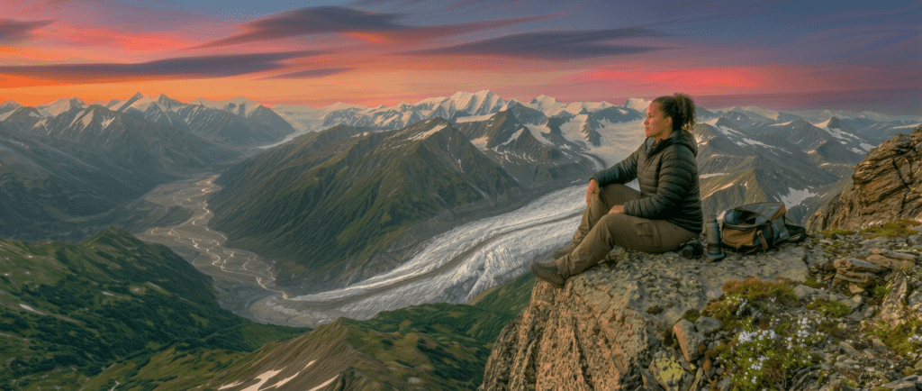 Woman standing on a rocky mountain summit with arms raised, snow-covered peaks and valley in background