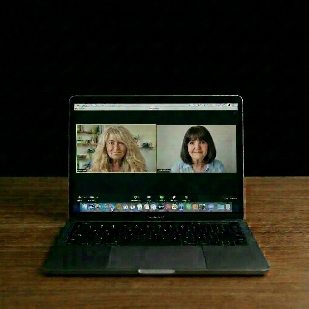 Two people wearing headphones participating in a video call on laptops