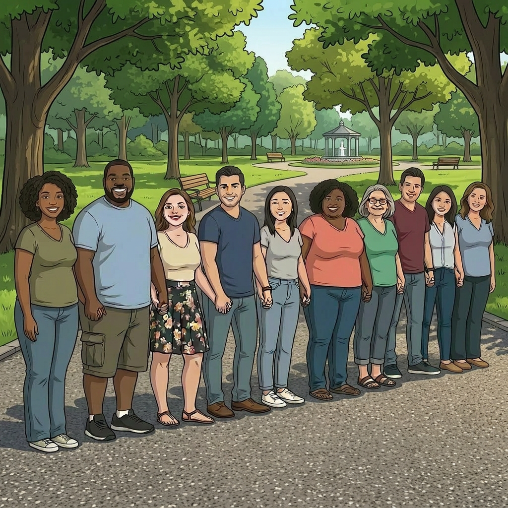 Group of diverse adults standing in a line holding hands outdoors in a park