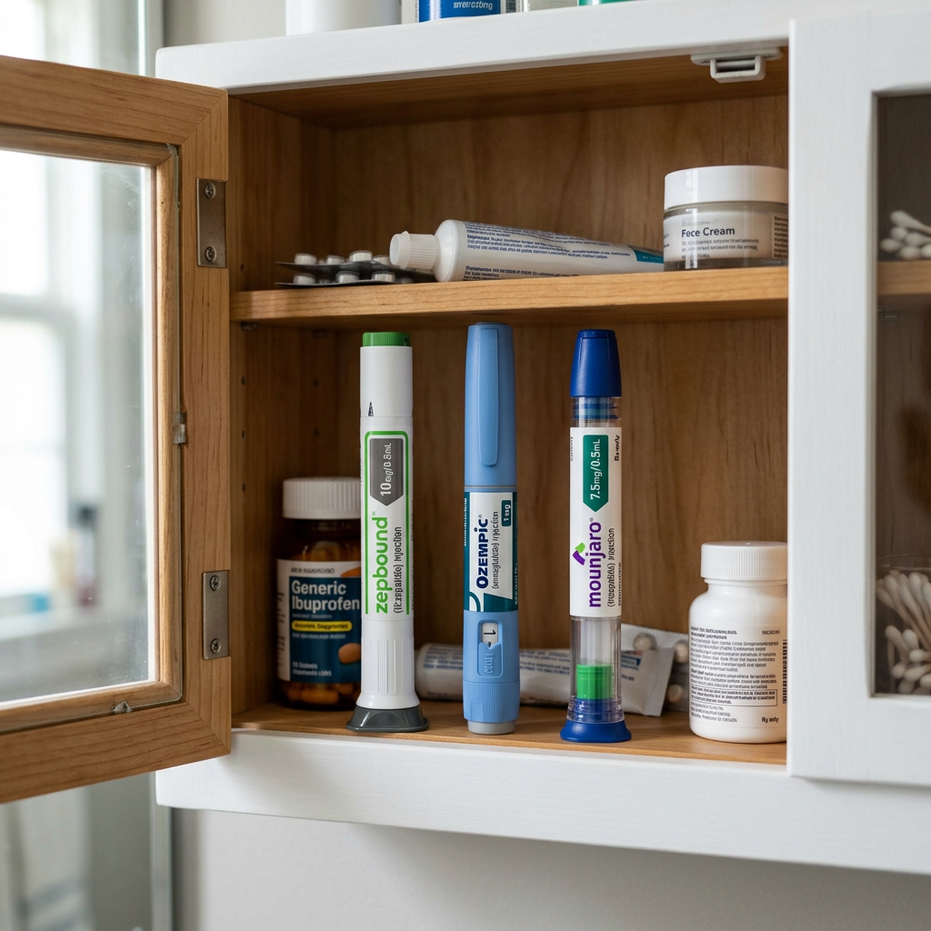 Bathroom cabinet with insulin pens, generic ibuprofen, cream tubes, and medication bottles