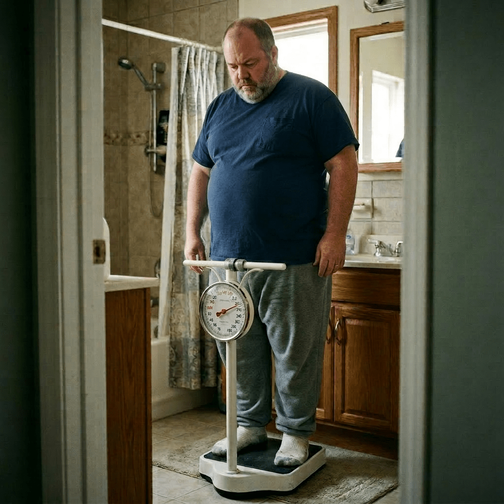 Man standing on a bathroom scale looking down at the weight.